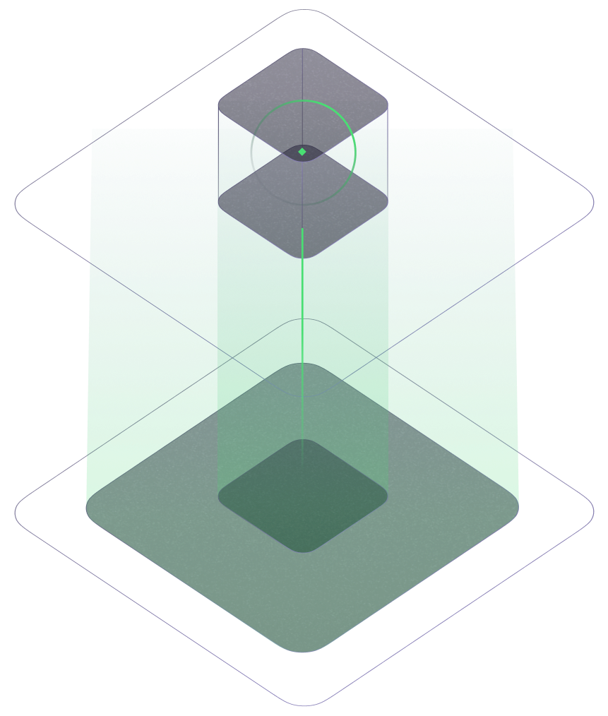 Futuristic abstract 3D design with glowing green and purple geometric shapes on a dark background